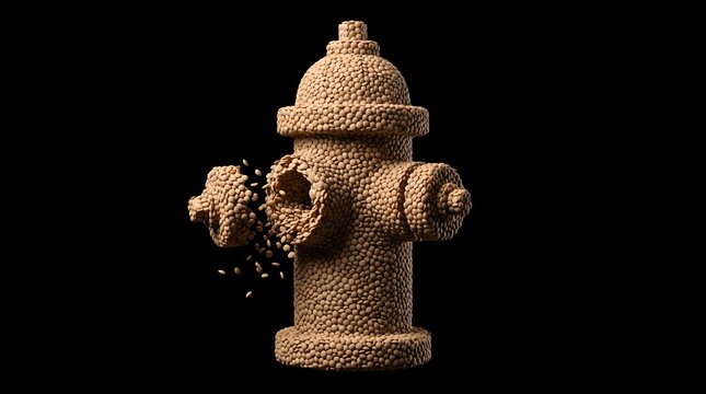 Metaphorical 3D render of a fire hydrant constructed from small beige lentils or pellets, showing a side cap breaking off and crumbling into pieces against a black background.
