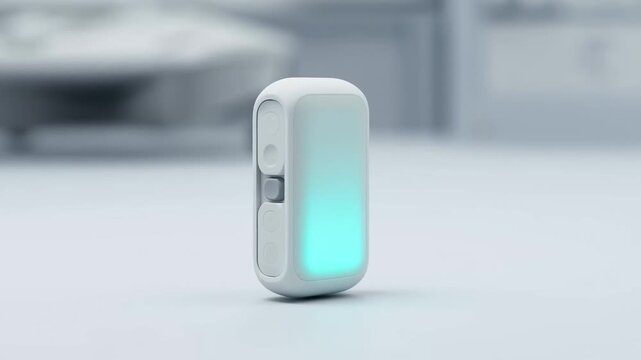 Modern white wearable smart device with glowing blue indicator light on a minimal gray surface