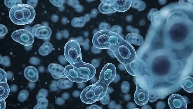 Microscopic view of dividing cells, showcasing cell division and organic growth in a scientific, abstract, and biological context.