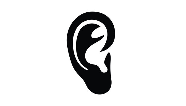 Silhouette of a human ear in solid black isolated on a white background, representing hearing and listening concepts.