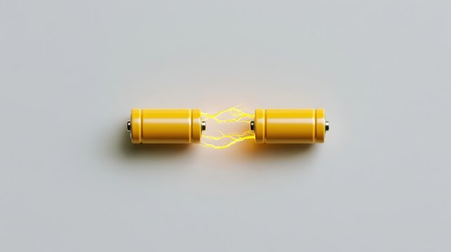 Two yellow batteries discharging electric spark energy on a clean grey background. Conceptual power and technology illustration.