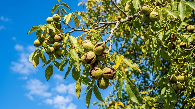 Close-up view of fresh green walnuts growing on a tree branch.