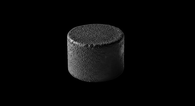 Black charcoal briquette cylinder for fuel and hookah smoking on dark background.
