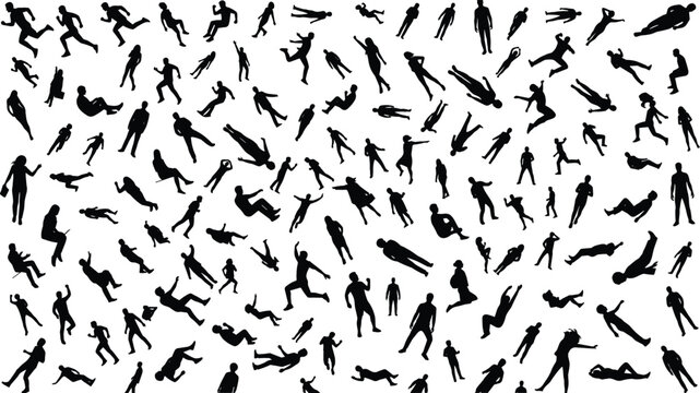 Large crowd pattern collection of tiny human figures in various walking running sitting standing poses top view architectural scale model elements