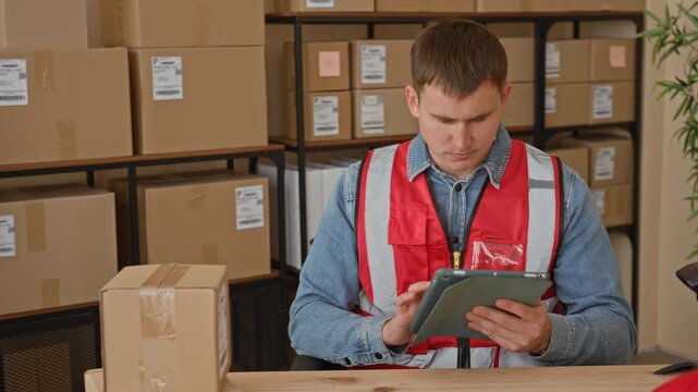 Man in red safety vest taps tablet while packing cardboard package and verifying shipping label inside building; professionalism.