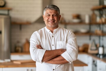 Obraz premium Middle-aged indian man standing with arms crossed smiling in a modern home kitchen