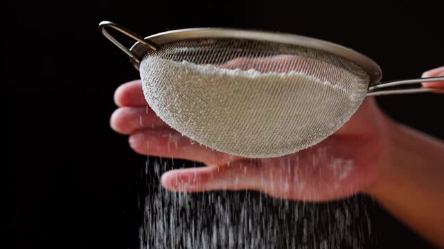 Sifting fine white flour through a mesh strainer against a black background