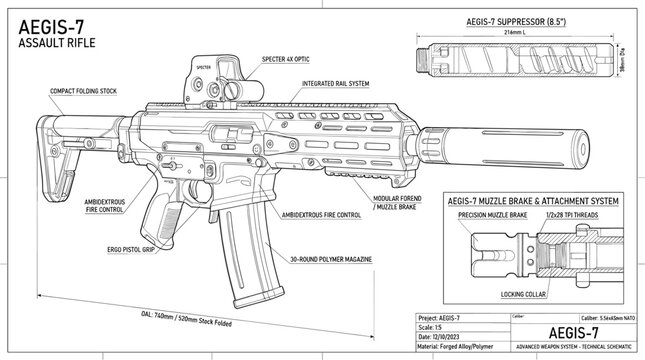 Technical schematic blueprint vector illustration of a modern assault rifle weapon with detailed parts and attachments