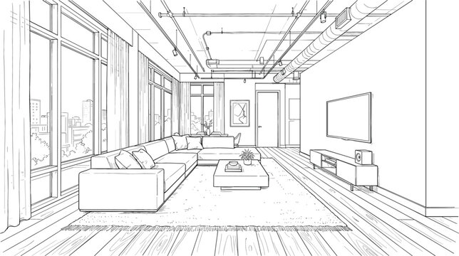 Modern open plan loft apartment living room perspective interior sketch with large sectional sofa and television