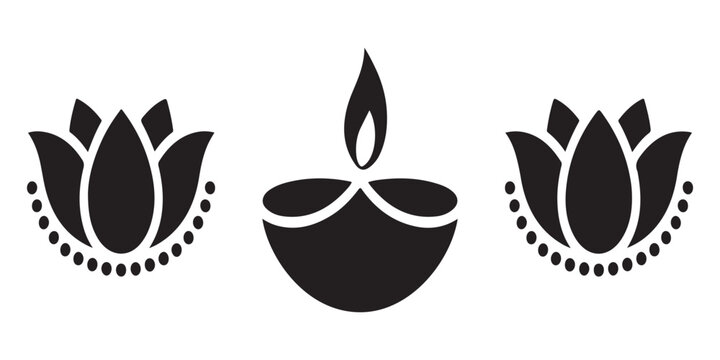Black lotus flower and diya lamp vector illustration set for indian festival diwali celebration graphic design elements.
