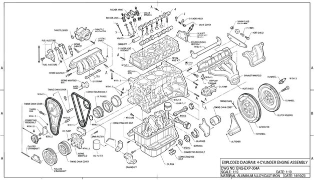 Exploded diagram of four cylinder car engine assembly with mechanical parts pistons and text labels vector blueprint