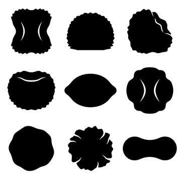 Pom poms and round abstract black silhouette shapes vector collection