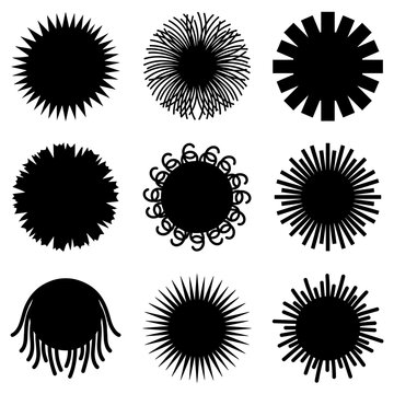 Pom-poms pom poms black circular silhouette icons and bursts