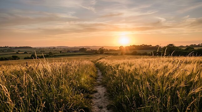 Golden hour sunset over a vast agricultural field with train