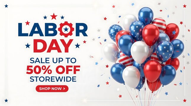 Labor day sale banner featuring red white and blue balloons with fifty percent off promotion text on a clean white background