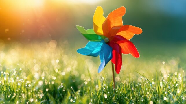 Colorful pinwheel toy spinning in sunlight with green grass and morning dew drops shining in soft golden natural background summer spring garden outdoor scene