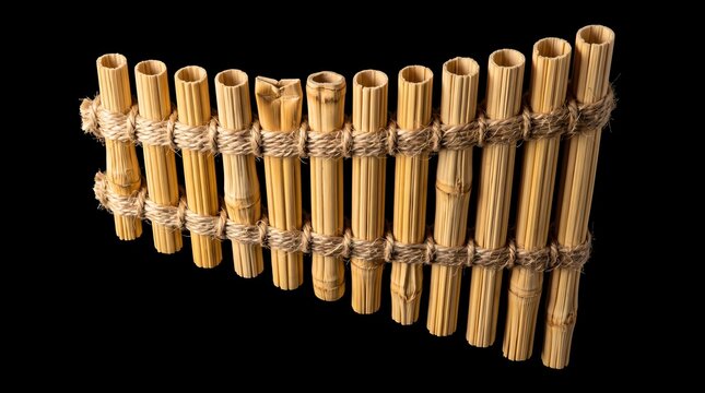 Traditional Handcrafted Bamboo Pan Flute or Panpipes Tied with Twine, Authentic Folk Wind Musical Instrument Isolated on a Black Background