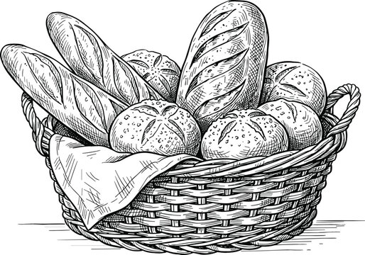 Assorted fresh bakery bread baguettes and buns inside wicker basket vintage engraving style vector sketch illustration