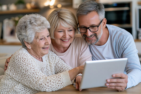 Warm smiles share a tablet's screen. Senior family bonds through digital connection. Comfort and joy fill the shared moment. Ideal for family, aging, or tech adoption themes