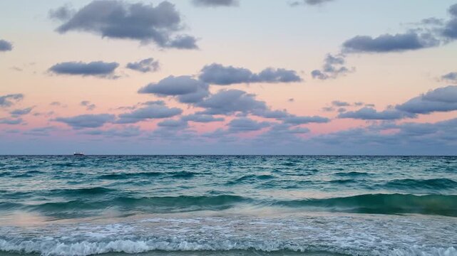Skyscape with sea horizon. Scenic horizon view at sea nature. Romantic summer vacation view on seascape. Sea horizon view. Dramatic sky and seascape at summer vacation, 4k