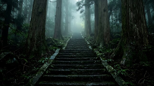 Dark stone staircase leading into mysterious green-lit room