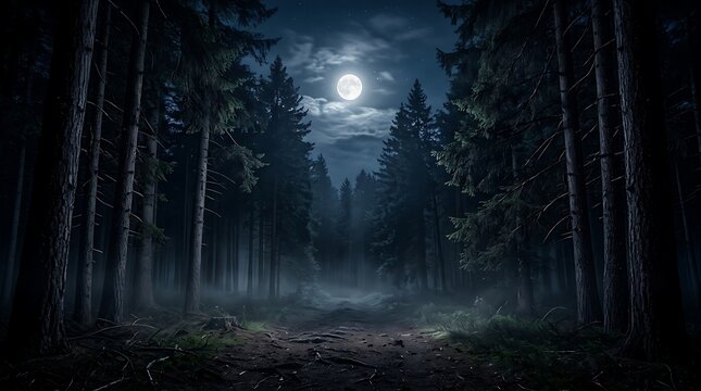 Moonlight shining through forest trees at night