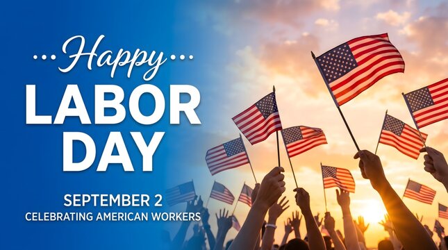 A festive graphic design celebrating labor day on september 2 featuring a crowd of people waving american flags at sunset background