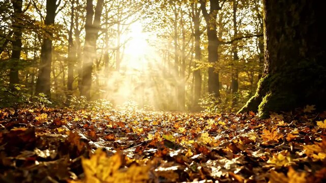 Sunlight streams through autumn forest trees onto leaf covered path