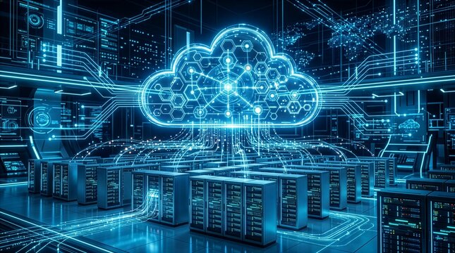 Futuristic cloud computing infrastructure with connected digital network and data streams