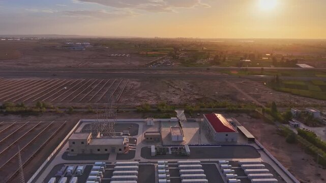 Energy storage station at sunset, new energy, shared power energy, solar photovoltaic power plant
