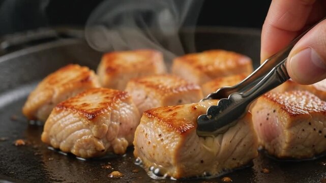 Sizzling salmon cubes frying in cast iron pan, seared fish fillet bites with steam, chef using tongs to flip grilled salmon pieces