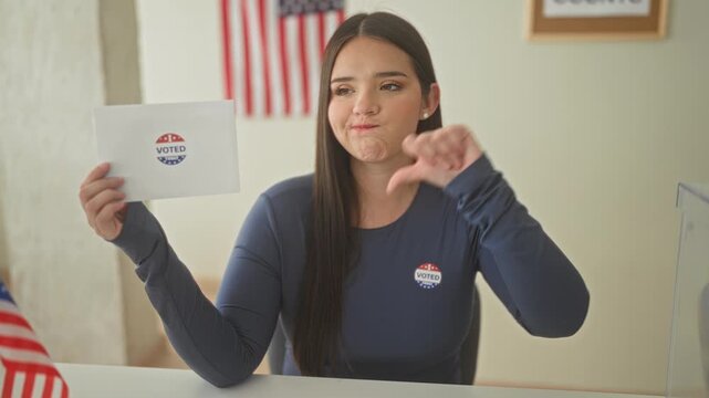 Woman holds a voted envelope and shows a thumb down next to an american flag inside a polling building; civic disapproval.