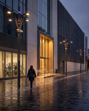 A woman walking down a sidewalk in front of a building while the sidewalk is made of brick with a tall light pole in front of the building