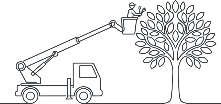 Arborist worker inside bucket of cherry picker crane truck trimming branches of a leafy tree vector