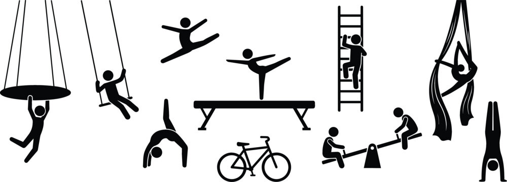 Gymnastics and acrobatics stick figure icon set featuring balance beam aerial silk handstand swings and ladder stunts vector