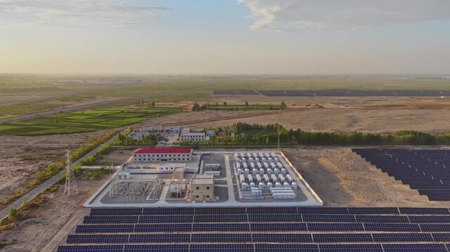 Energy storage station at sunset, new energy, shared power energy, solar photovoltaic power plant