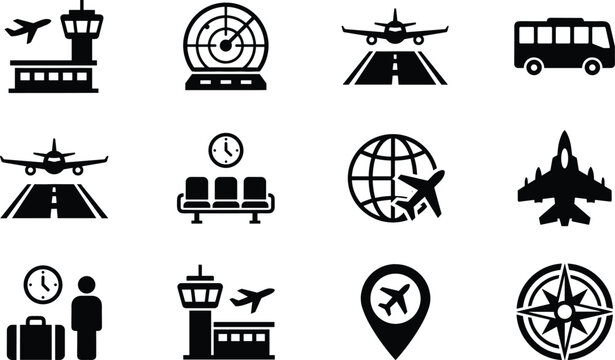 Aviation infrastructure and airport terminal navigation vector icon set featuring runway radar airplane and transit symbols