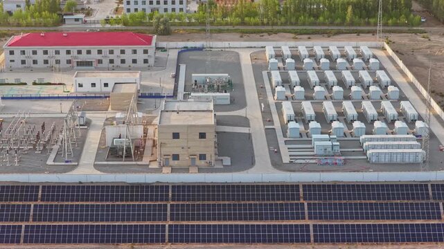 Energy storage station at sunset, new energy, shared power energy, solar photovoltaic power plant