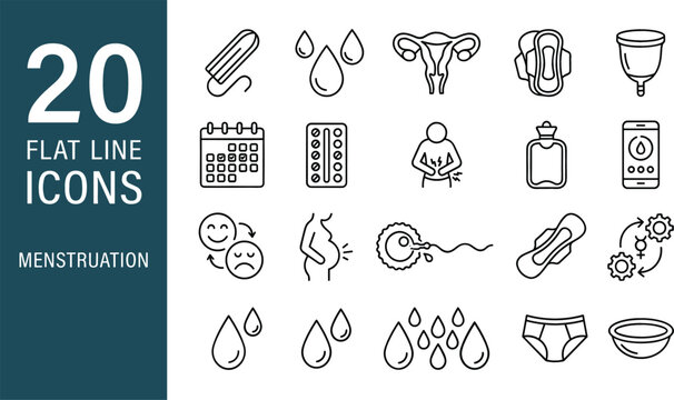 Menstruation period and female reproductive health line icon set featuring hygiene products cycle tracking and pregnancy symbols