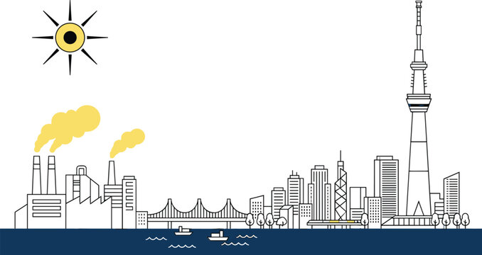 Tokyo city skyline skyline line vector banner illustration featuring Skytree tower bridge bay and industrial factory area