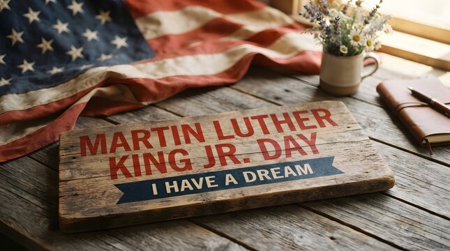 Martin luther king jr day celebration with american flag and rustic wooden background