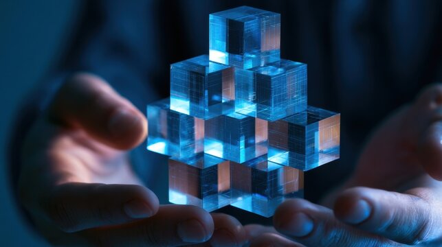 Hands holding transparent glass cube structure with blue light reflection representing innovation technology and futuristic digital connection concept
