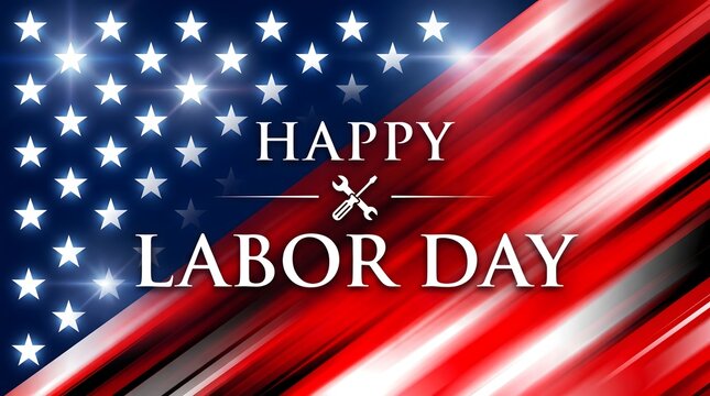 A festive happy labor day greeting card featuring a glowing american flag background with elegant white text and a small wrench icon