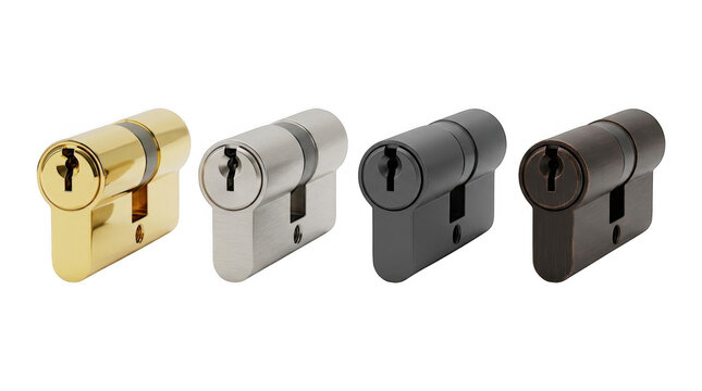Set of four different metal door lock cylinders in various finishes with lock cylinder door hardware security cyl
