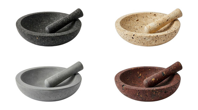 Set of four different mortar and pestle kitchen tools made from stone with kitchen tool grinding bowl kitchenware
