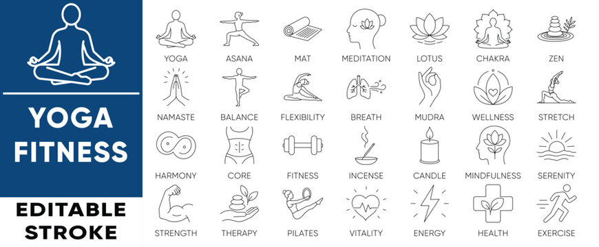 Yoga and fitness line icon set. Editable stroke vector icons for meditation, pilates, wellness, workout, and health. Clean modern design.