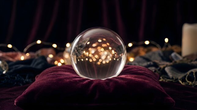 Crystal ball on velvet pillow with golden bokeh lights for divination