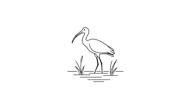 Elegant linear black outline drawing of a wild ibis bird standing in water with marsh reeds in a minimalist design.