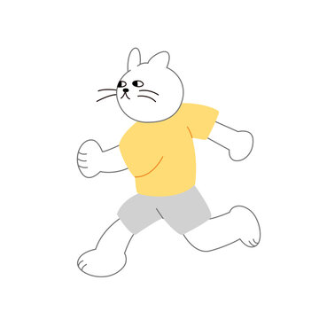 黄色いTシャツとグレーのショートパンツを着て走る白猫のキャラクターイラスト | 全身、側面、軽快な足取り
