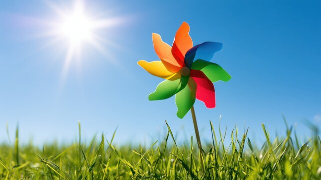 Colorful pinwheel spinning in the bright sunlight with clear blue sky and green grass field background on a sunny day outdoors in nature breeze